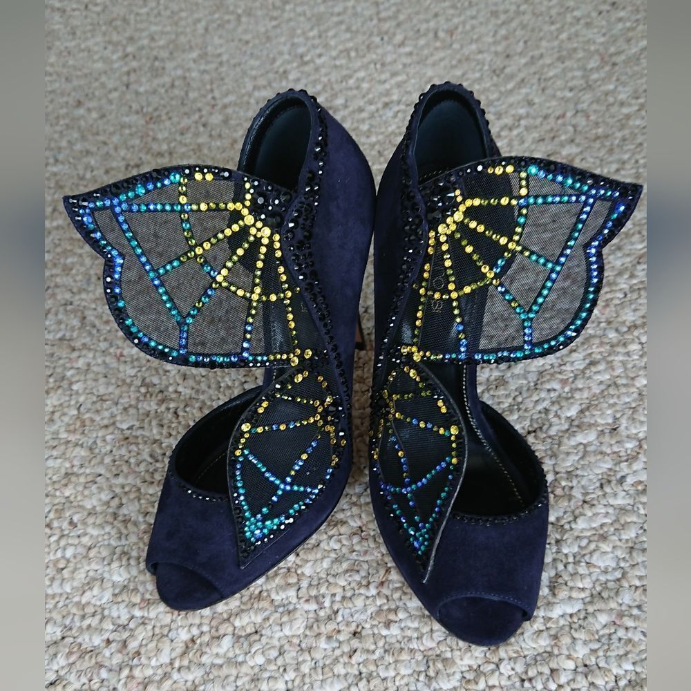 Sergio Rossi Poetic Surrealism night blue butterfly suede heels size 6.5